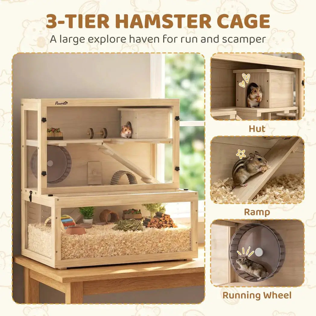 PawHut Wooden Hamster Cage with Hut, Wheel, Ramps, Removable Viewing Panels, 80 x 50 x 84 cm, Natural - from PawHut