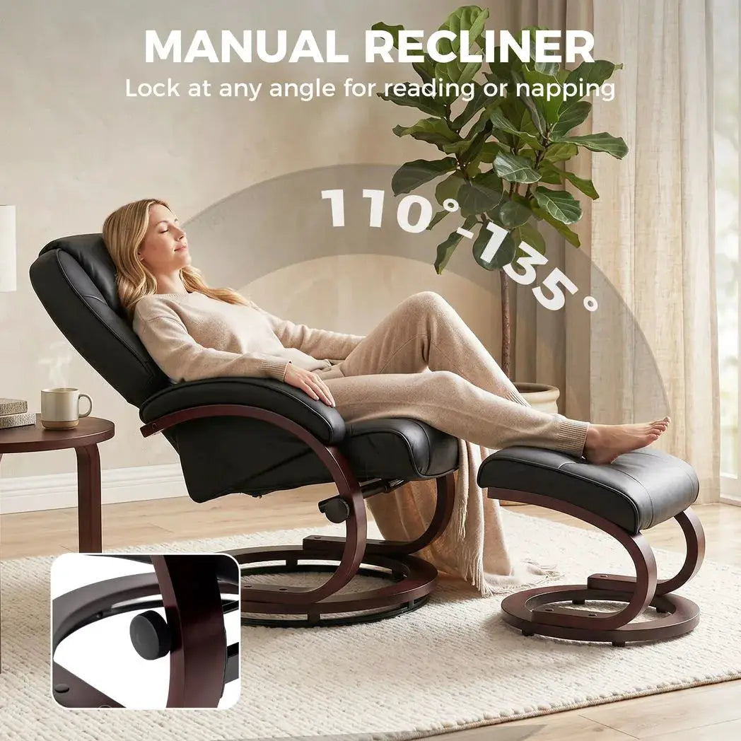 HOMCOM Swivel Recliner Chair with Footstool, PU Leather Recliner Armchair with Adjustable Back and Wood Frame, Black - from HOMCOM