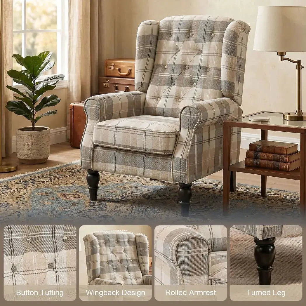 HOMCOM Wingback Accent Chair, Linen-Look Fabric Armchair with Thick Spring Cushion, High Back, Khaki Plaid - from HOMCOM