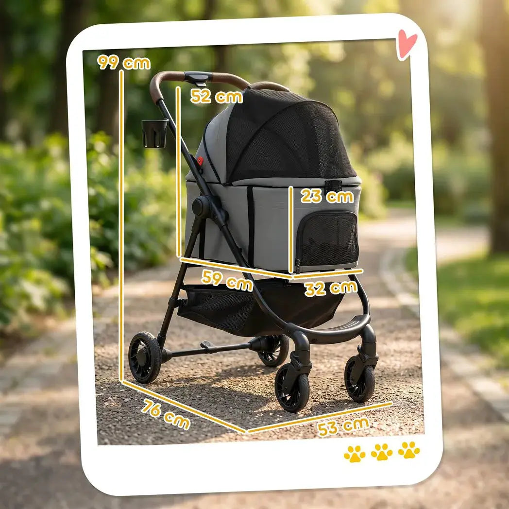 PawHut Dog Stroller, 3 in 1 Foldable Pet Stroller for Small Puppy Cat with Detachable Travel Carrier, Storage Basket, Grey - from PawHut