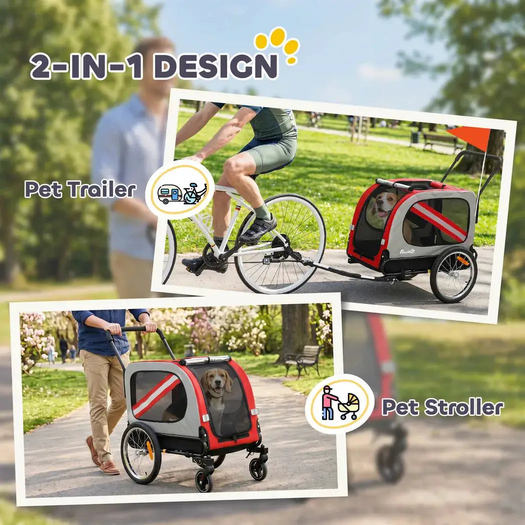 PawHut 2-In-1 Dog Bike Trailer Pet Stroller with Universal Wheel Reflector Flag Red - from PawHut