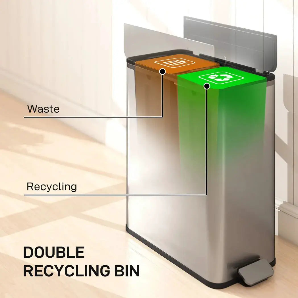 HOMCOM Dual Kitchen Bin with Soft-Close Butterfly Lid, 2 x 28L Stainless Steel Pedal Bin with Removable Inner Buckets, Fingerprint-Proof for Recycling and Waste, Silver Tone - from HOMCOM