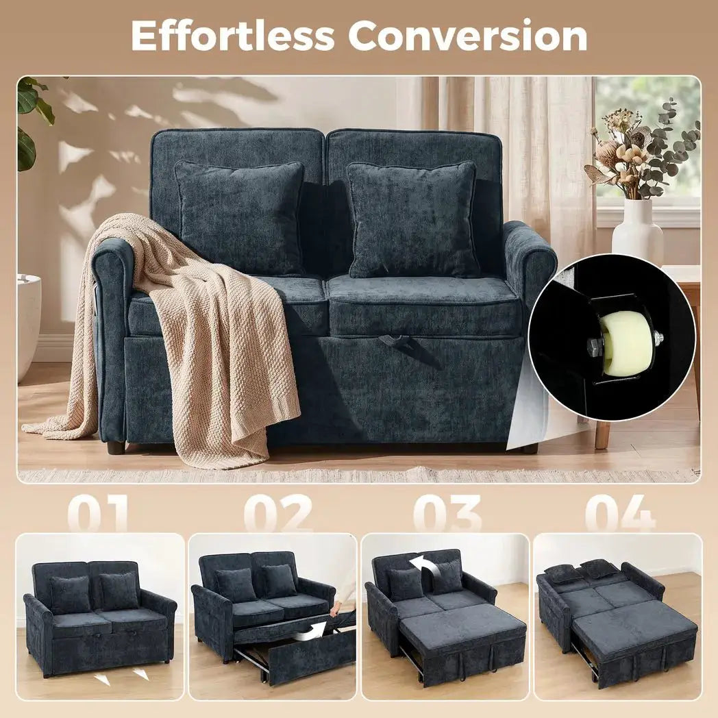 HOMCOM 2 Seater Sofa Bed 3-in-1 Convertible Chenille Pull Out Sleeper Sofa with 5-Position Adjustable Backrest, Dark Blue - from HOMCOM