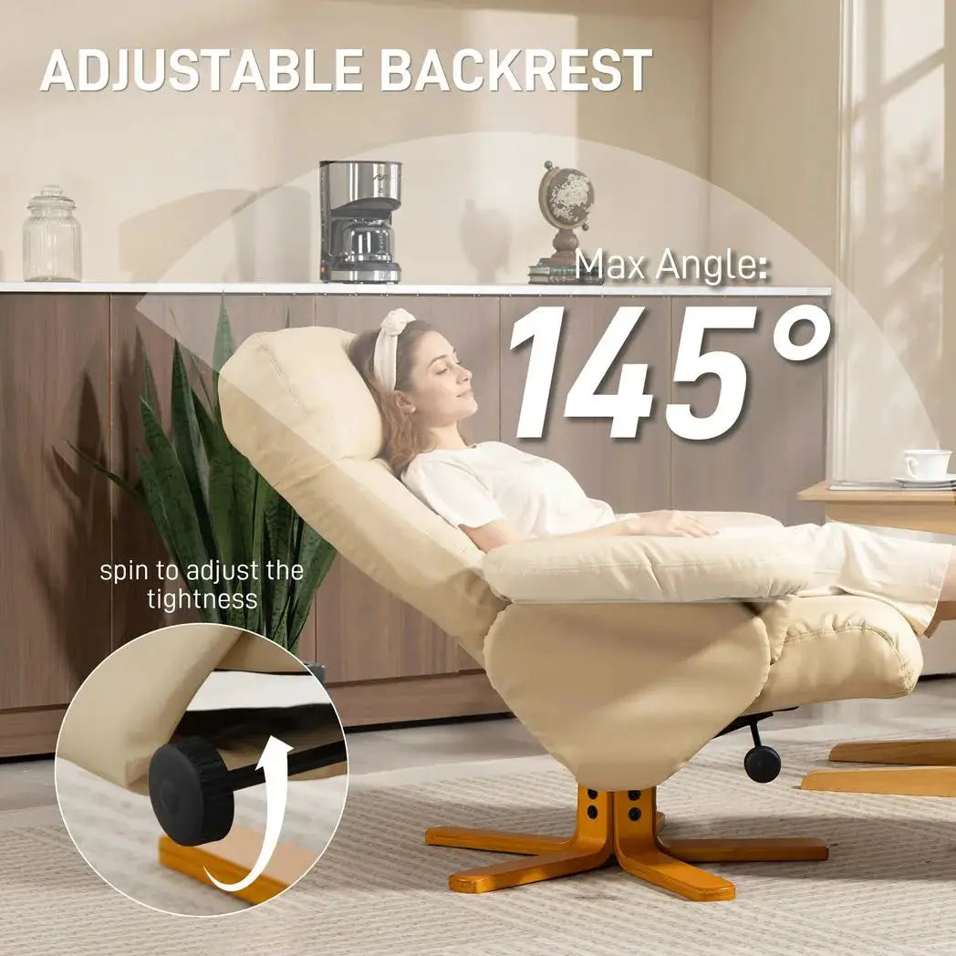 HOMCOM PU Leather Swivel Recliner Chair with Footstool, Wooden Base and Storage for Living Room, Beige - from HOMCOM
