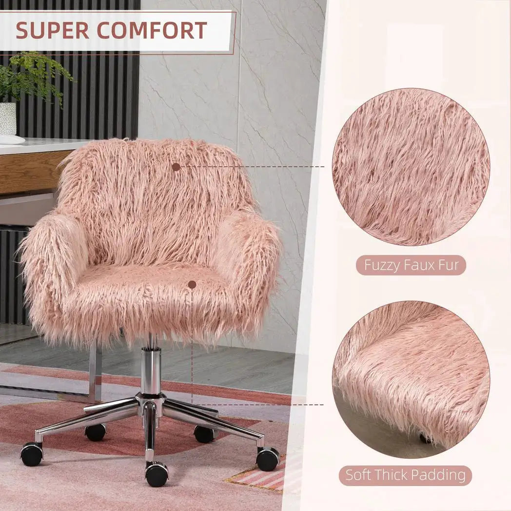 Vinsetto Faux Fur Desk Chair, Rolling Swivel Makeup Chair with Adjustable Height, Armrets for Home Office, Bedroom, Pink - from Vinsetto