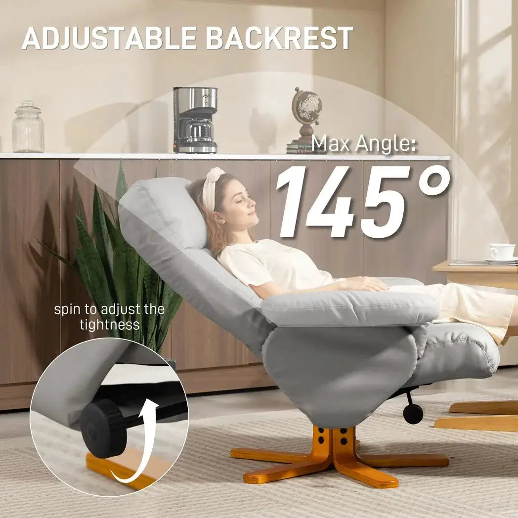 HOMCOM PU Leather Swivel Recliner Chair with Footstool, Wooden Base and Storage for Living Room, Light Grey - from HOMCOM