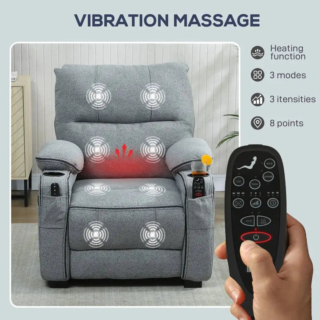 HOMCOM Electric Massage Recliner Armchair with Vibration, Heat, Whisper-Quiet Motor, Memory Function, Velvet Power Reclining Chair with Spring Pack, USB Port, Footrest, Side Pockets, Cup Holders, Grey - from HOMCOM