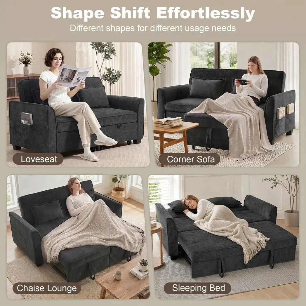HOMCOM 2 Seater Sofa Bed, 4-in-1 L-Shaped Convertible Pull-Out Sleeper Sofa with Adjustable Backrest and Side Pockets, Black - from HOMCOM