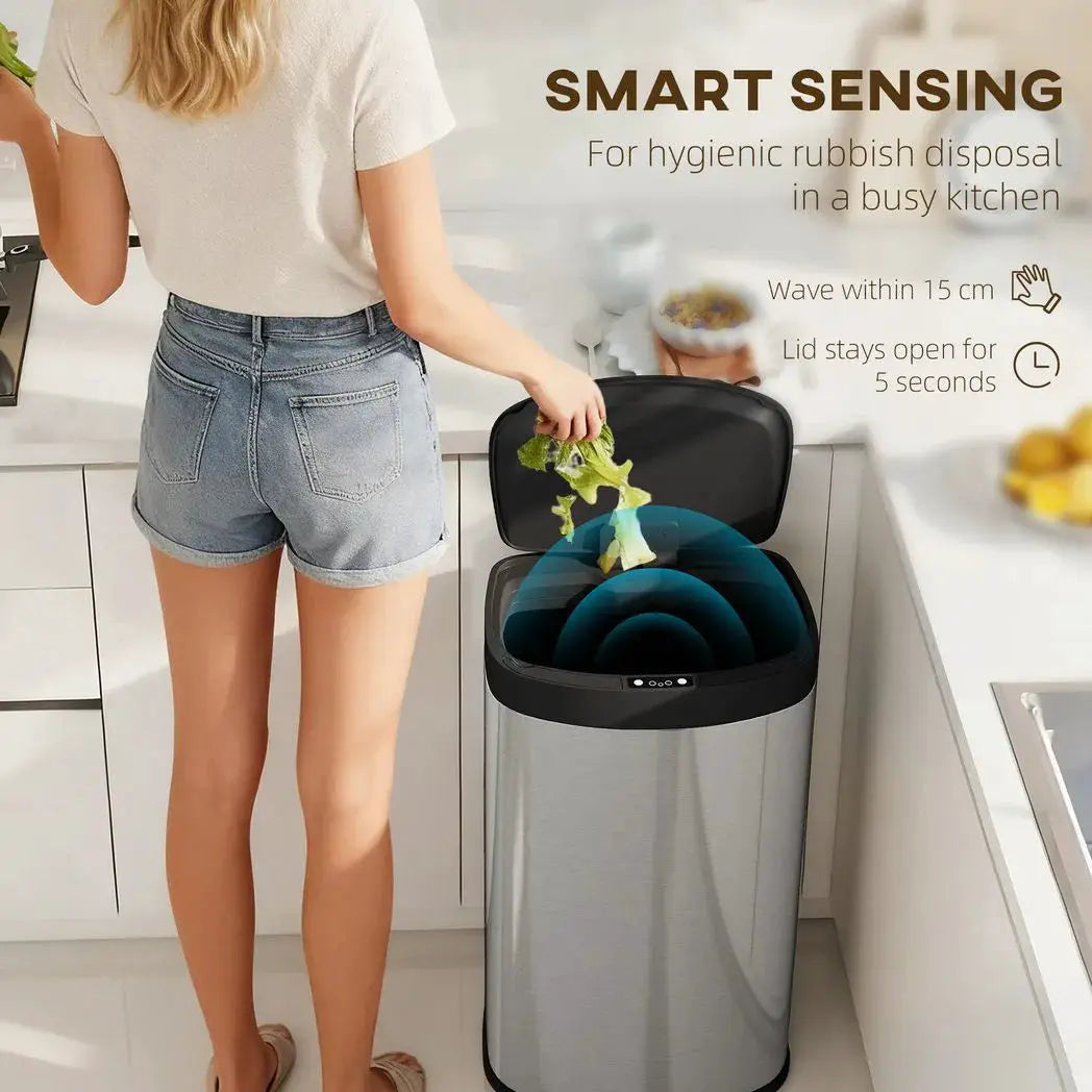 HOMCOM 55L Sensor Bin with Soft-Close Lid, Automatic Touchless Motion Sensor Kitchen Bin with Fingerprint Resistant Stainless Steel for Hygienic Gyms, Home Office Use, Silver Tone - from HOMCOM