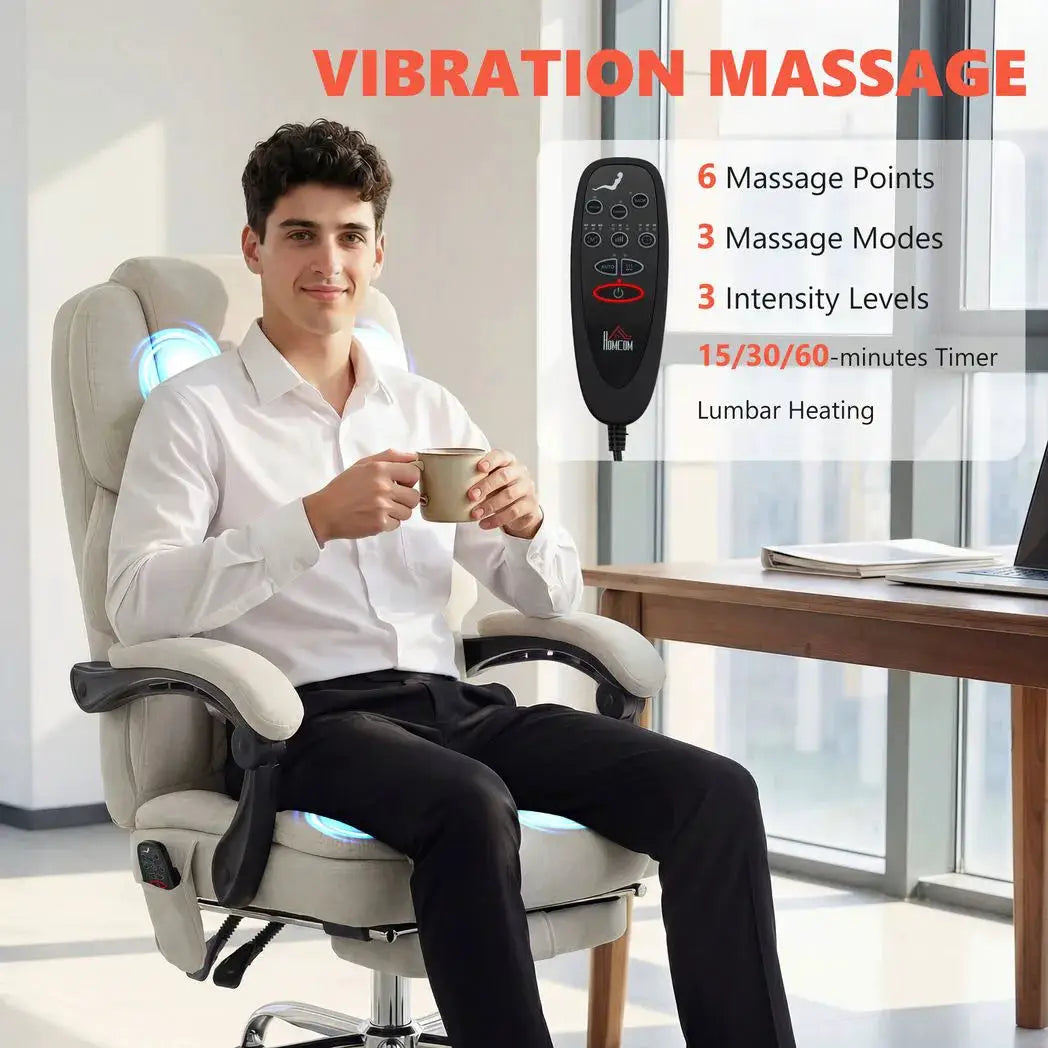 HOMCOM Office Chair with 6-point Vibration Massage and Heat, Fabric Desk Chair with Footrest, High Back, Cream White - from HOMCOM