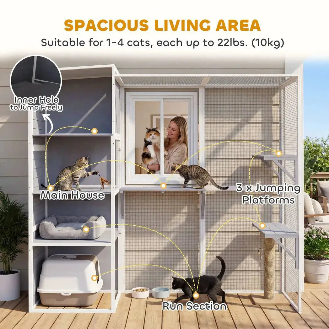 PawHut 4-Tier Wooden Catio Cat Outdoor Enclosure with Sun Roof, Resting Rooms, 3 Platforms, Window Outdoor Indoor, Grey - from PawHut