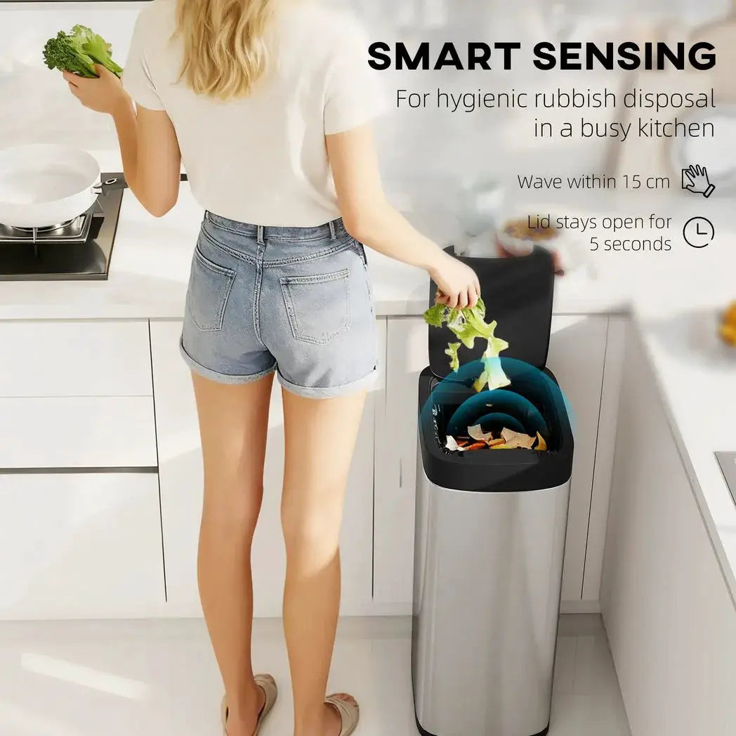 HOMCOM 50L Sensor Bin, Automatic Kitchen Bin, Manual Override, Battery Operated, Inner-Bucket-Free, for Kitchen, Bedroom - from HOMCOM