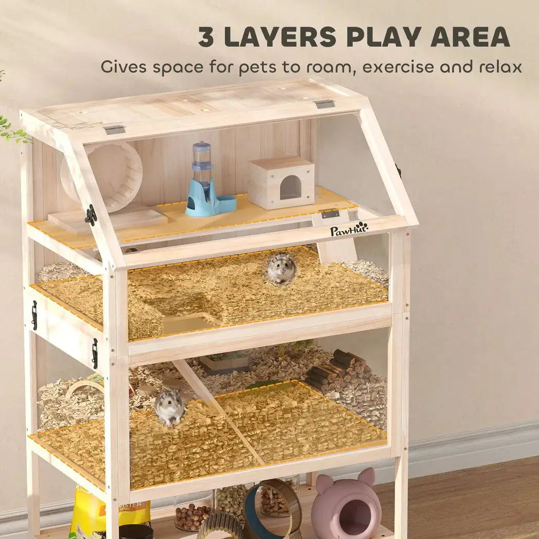 PawHut Wooden Hamster Cage with Detachable Lower Floor, Storage Shelf, Hut, Seesaw, Exercise Wheel, Ramps for Hamster - from PawHut