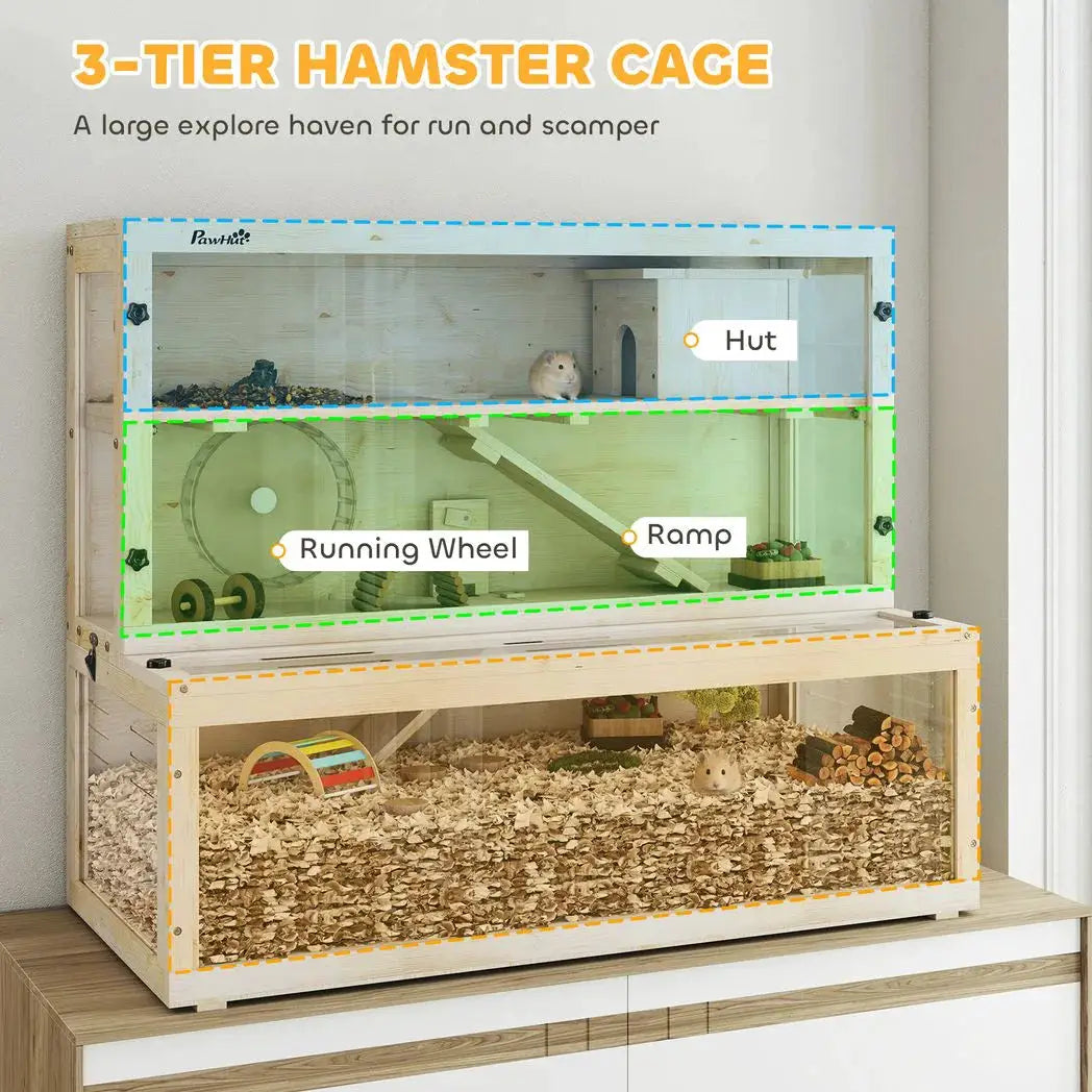 PawHut Wooden Hamster Cage with Hut, Wheel, Ramps, Removable Viewing Panels, 100 x 50 x 84 cm, Natural Wood - from PawHut