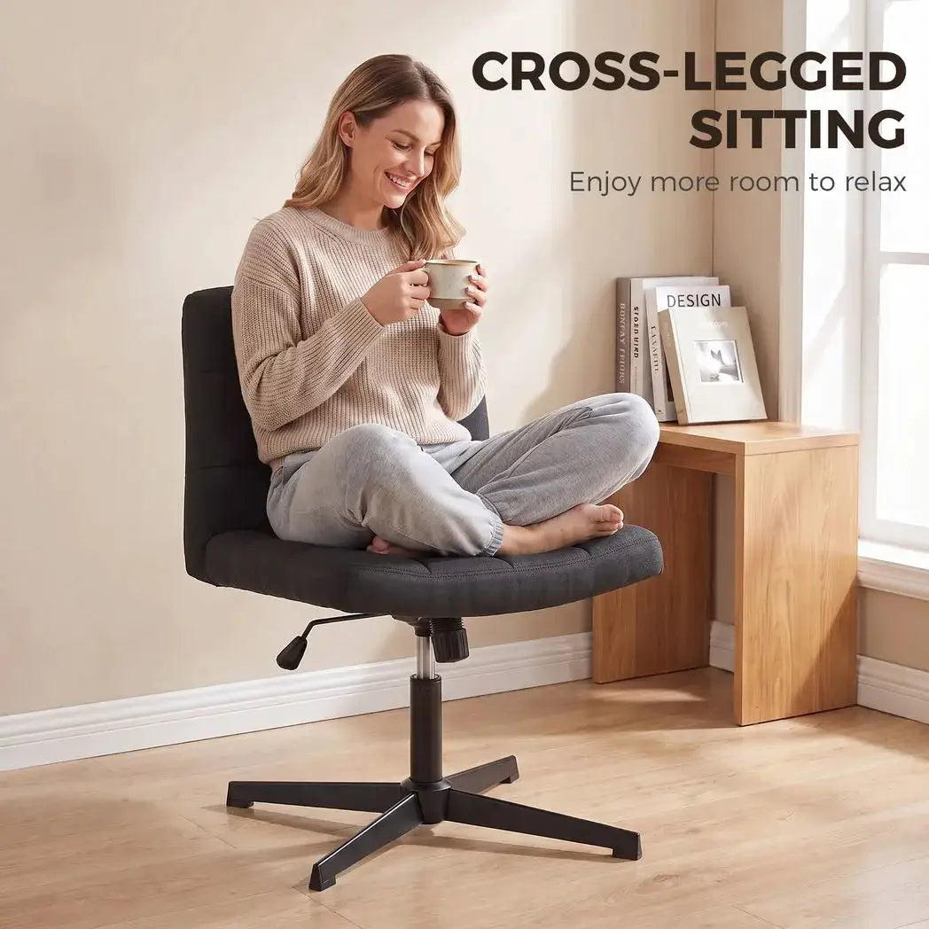 HOMCOM Armless Office Chair, Cross Legged Linen Computer Desk Vanity Chair with Wide Seat, Rocking Function, Black - from HOMCOM