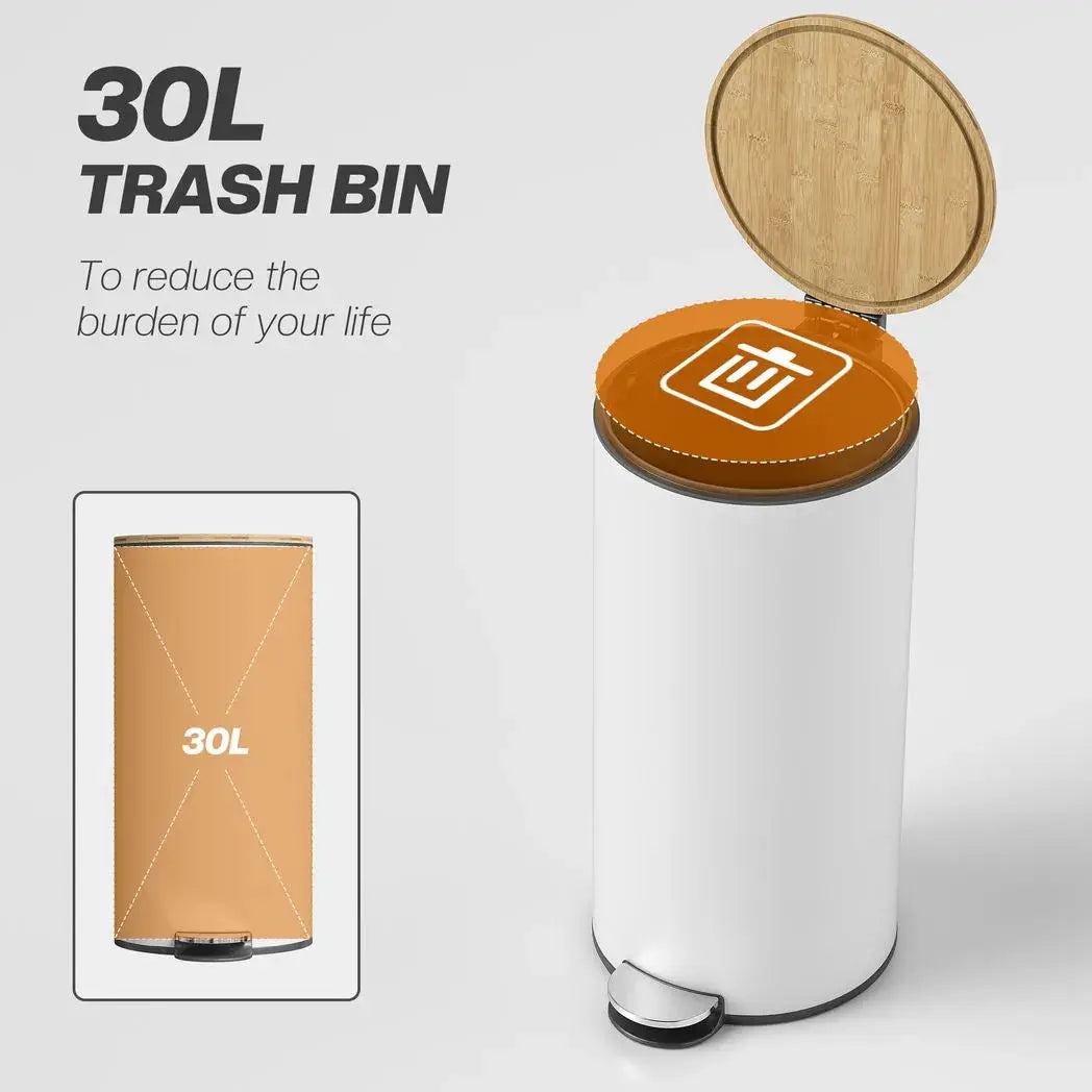 HOMCOM Kitchen Bin, 30 Litre Pedal Rubbish Bin with Removable Bucket, White and Natural - from HOMCOM