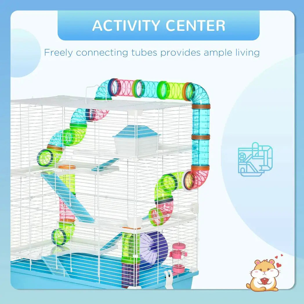 PawHut Hamster Cage w/ Water Bottle, Exercise Wheel, Tubes, Ramps - Light Blue - from PawHut