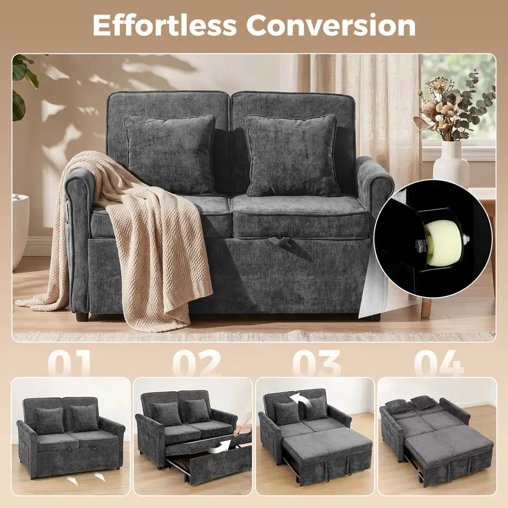 HOMCOM 2 Seater Sofa Bed 3-in-1 Convertible Chenille Pull Out Sleeper Sofa with 5-Position Adjustable Backrest, Grey - from HOMCOM