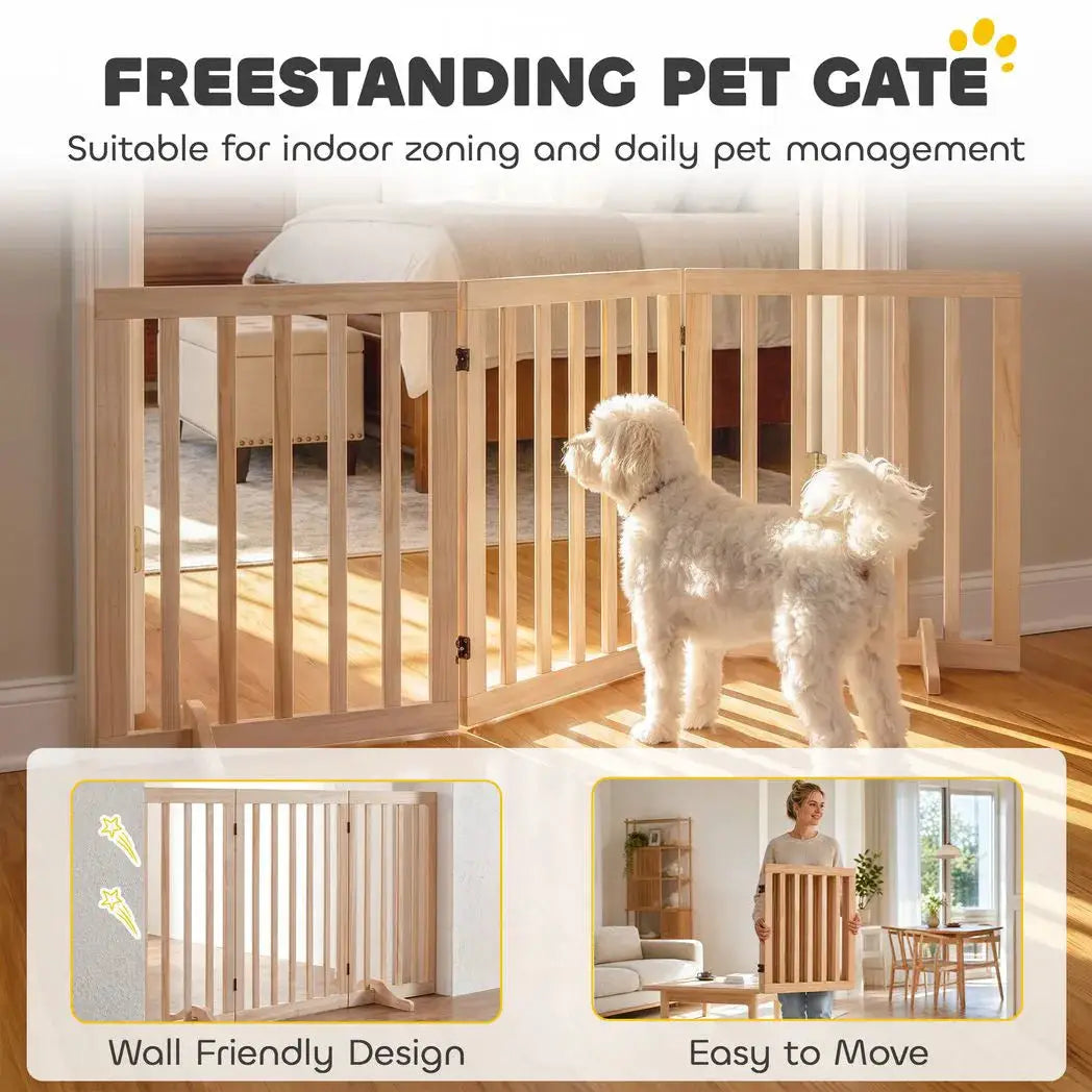 PawHut Wooden Dog Gate, 3-Panel Freestanding Pet Gates Indoor with 2 Support Feet and 360° Flexible Hinges, Natural - from PawHut