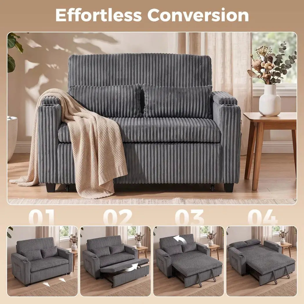HOMCOM 2 Seater Sofa Bed, Pull Out Sleeper Sofa w/ Adjustable Backrest, Storage Armrests, Cup Holders, Side Pockets, Dark Grey - from HOMCOM