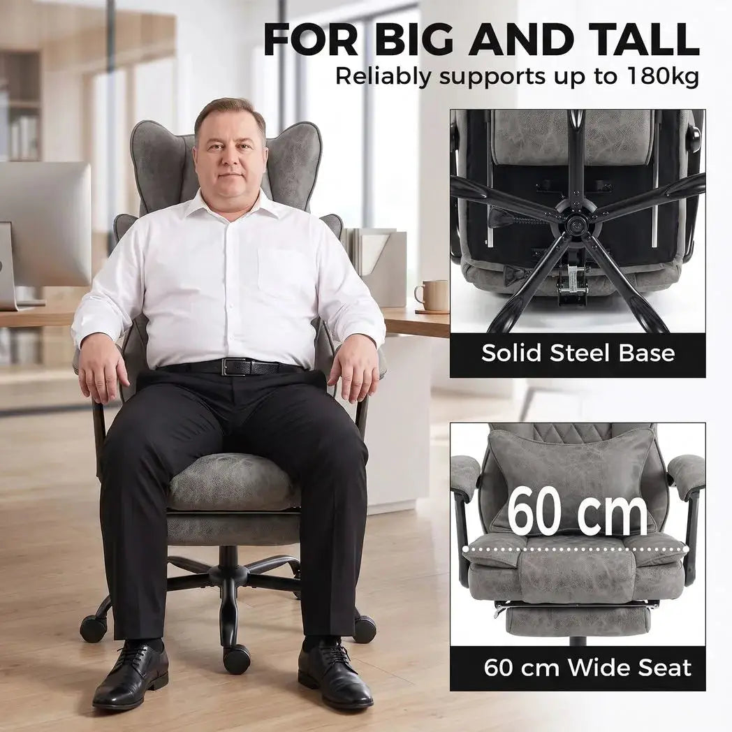 HOMCOM Executive Office Chair, Leathaire Big and Tall Office Chair 180 kg with Wide Seat, Reclining, Lumbar Support, Grey - from HOMCOM