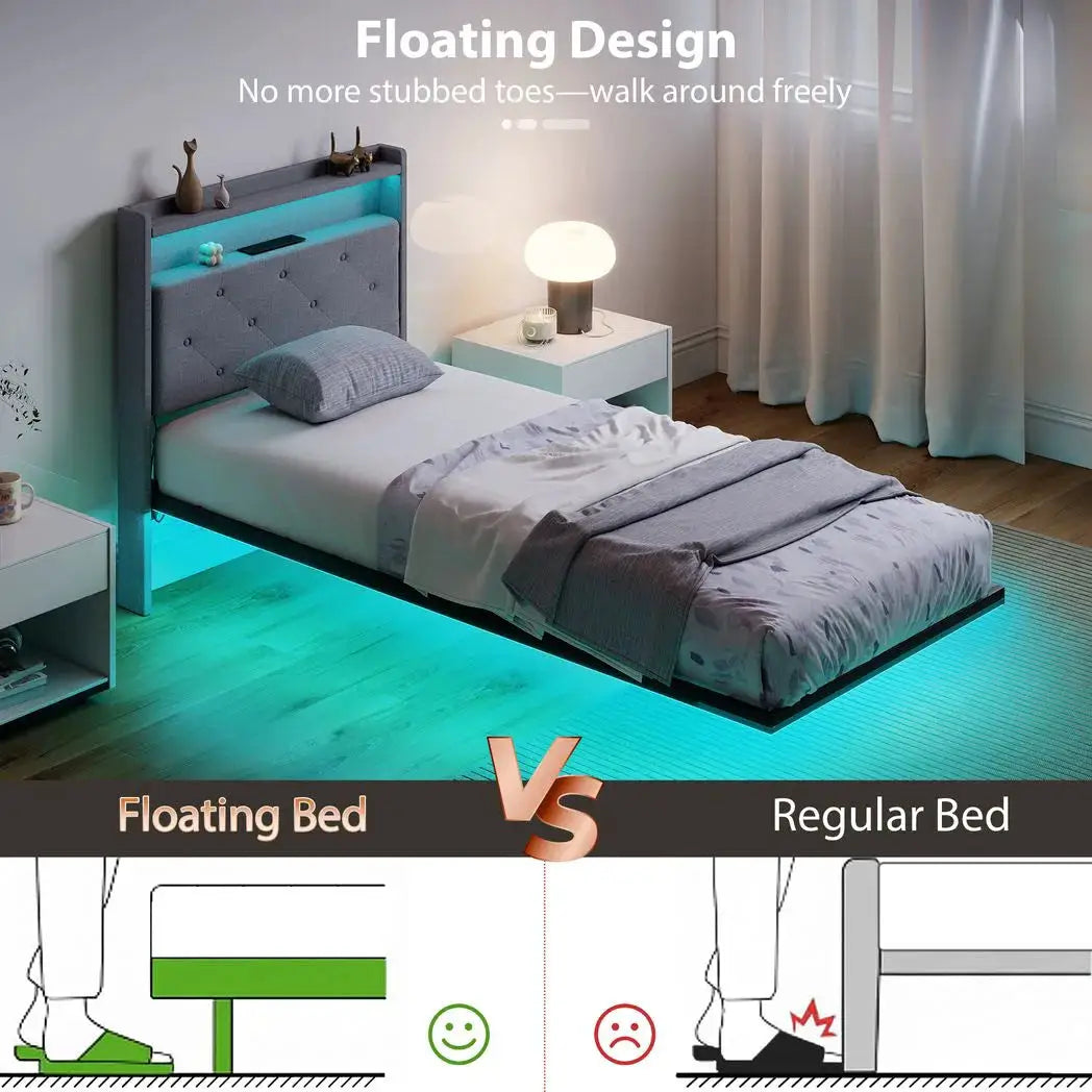 HOMCOM Floating Bed Frame, Upholstered 3ft Single Size Bed, Platform Bed with RGB LED Lights and Charging Station, Grey - from HOMCOM