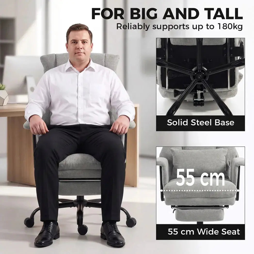 HOMCOM Office Chair, 180kg Heavy Duty Linen Computer Desk Chair with Lumbar Support, Wide Seat, Spring Cushion, Grey - from HOMCOM