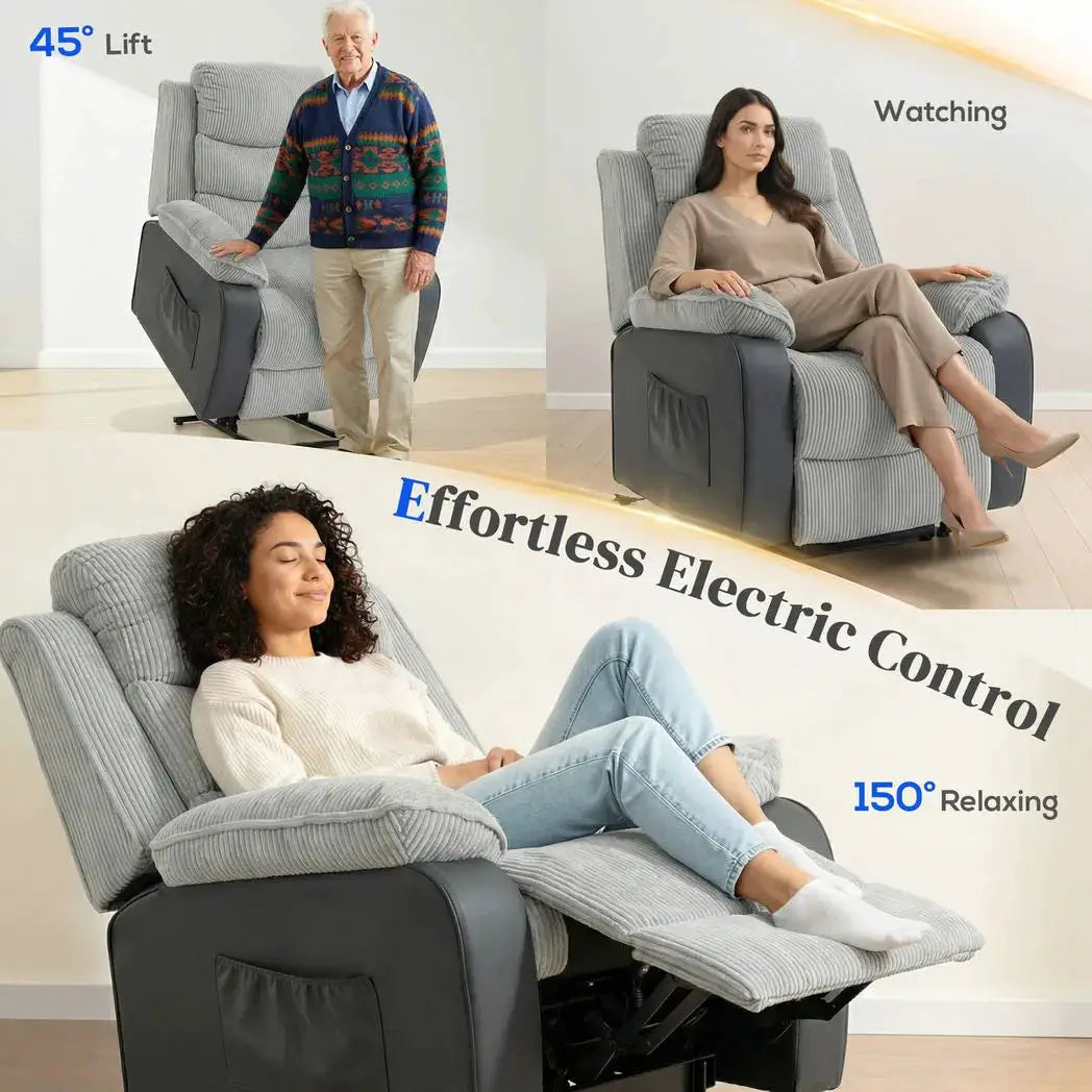 HOMCOM Power Lift Chair for Elderly, Corduroy Recliner with Wide Seat, High Back, USB Port, Side Pockets, Light Grey - from HOMCOM