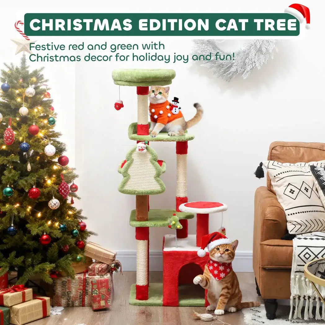 PawHut Cat Tree, 120cm Christmas Cat Tower with 3 Scratching Posts, Scratching Board, 2 Perches, Platforms, Toys, Green - from PawHut
