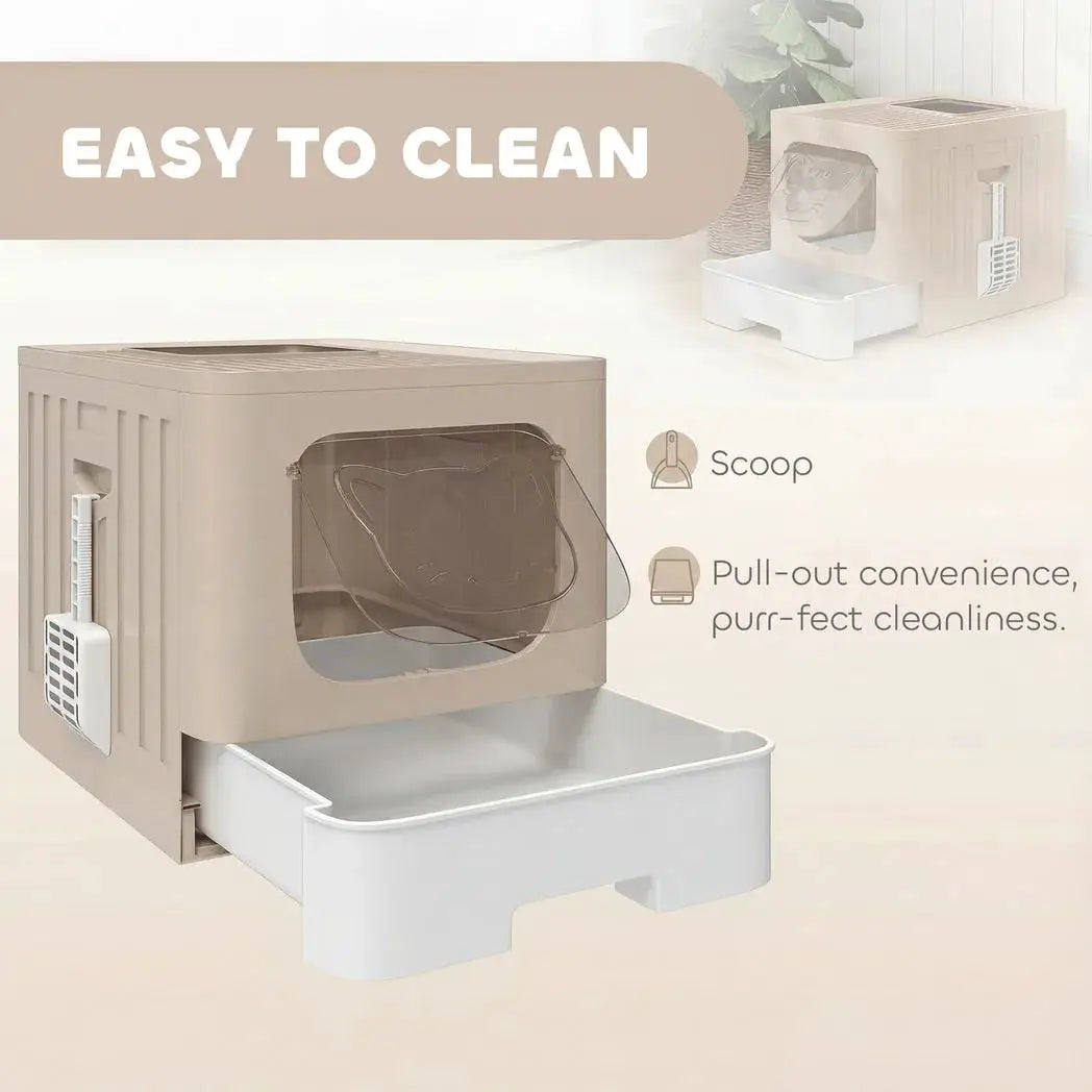 PawHut Cat Litter Box with Lid, Slide-Out Drawer, Scoop, Easy Clean, Odour Control, Anti-Splashing, Khaki - from PawHut