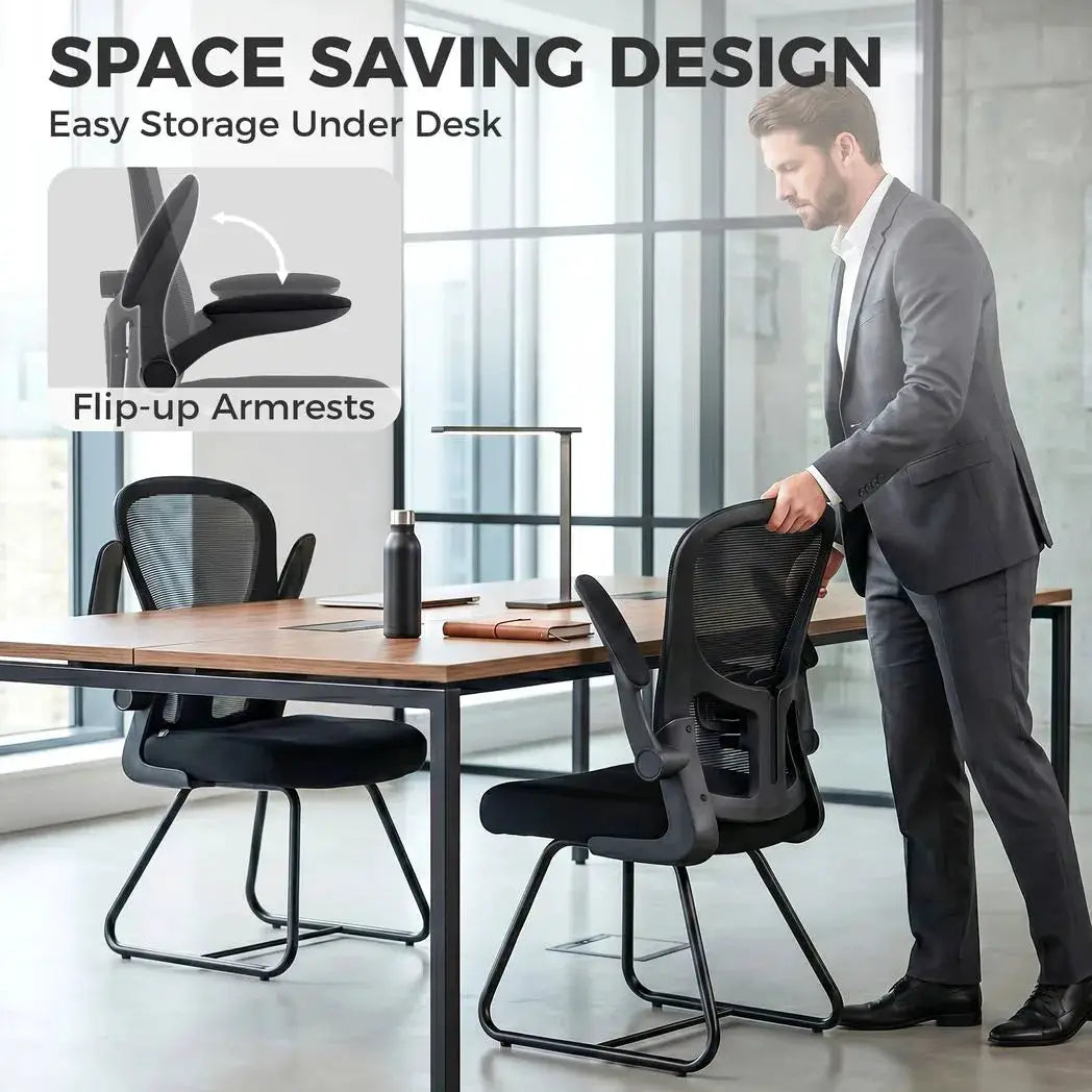 HOMCOM Reception Chair, Conference Meeting Office Chair with Flip-up Armrest, Mesh Backrest, Lumbar Support and Metal Base - from HOMCOM