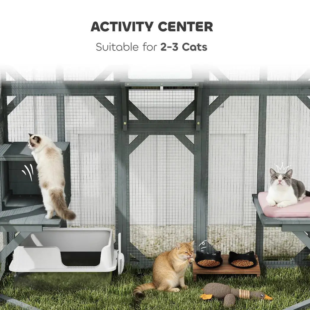 PawHut Catio Outdoor Cat Enclosure, Wooden Cat House with Platforms, Condo and Waterproof Cover for 2?3 Kittens, Grey - from PawHut