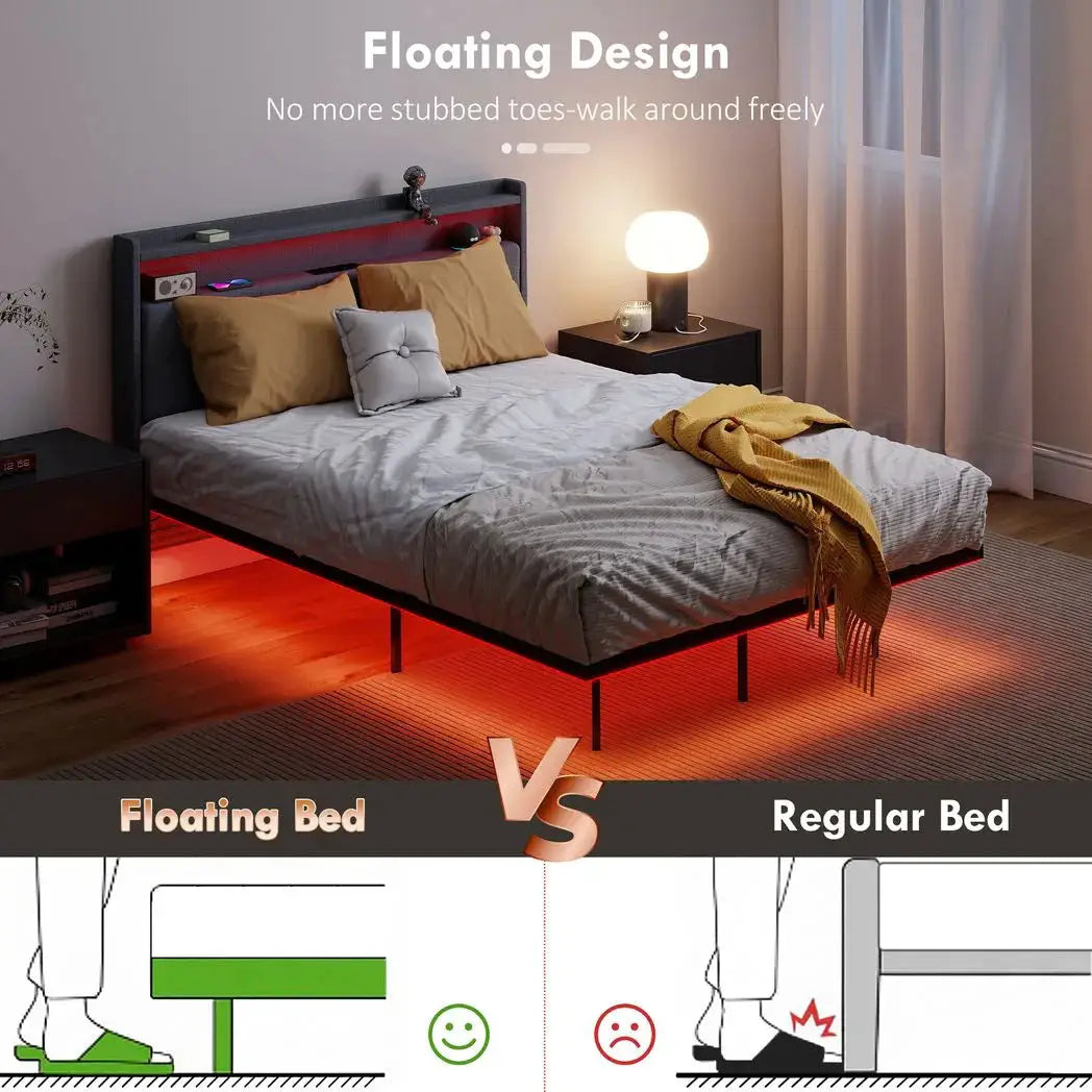 HOMCOM Floating Bed Frame, Upholstered 4ft6 Double Size Bed, Platform Bed with RGB LED Lights and Charging Station, Grey - from HOMCOM