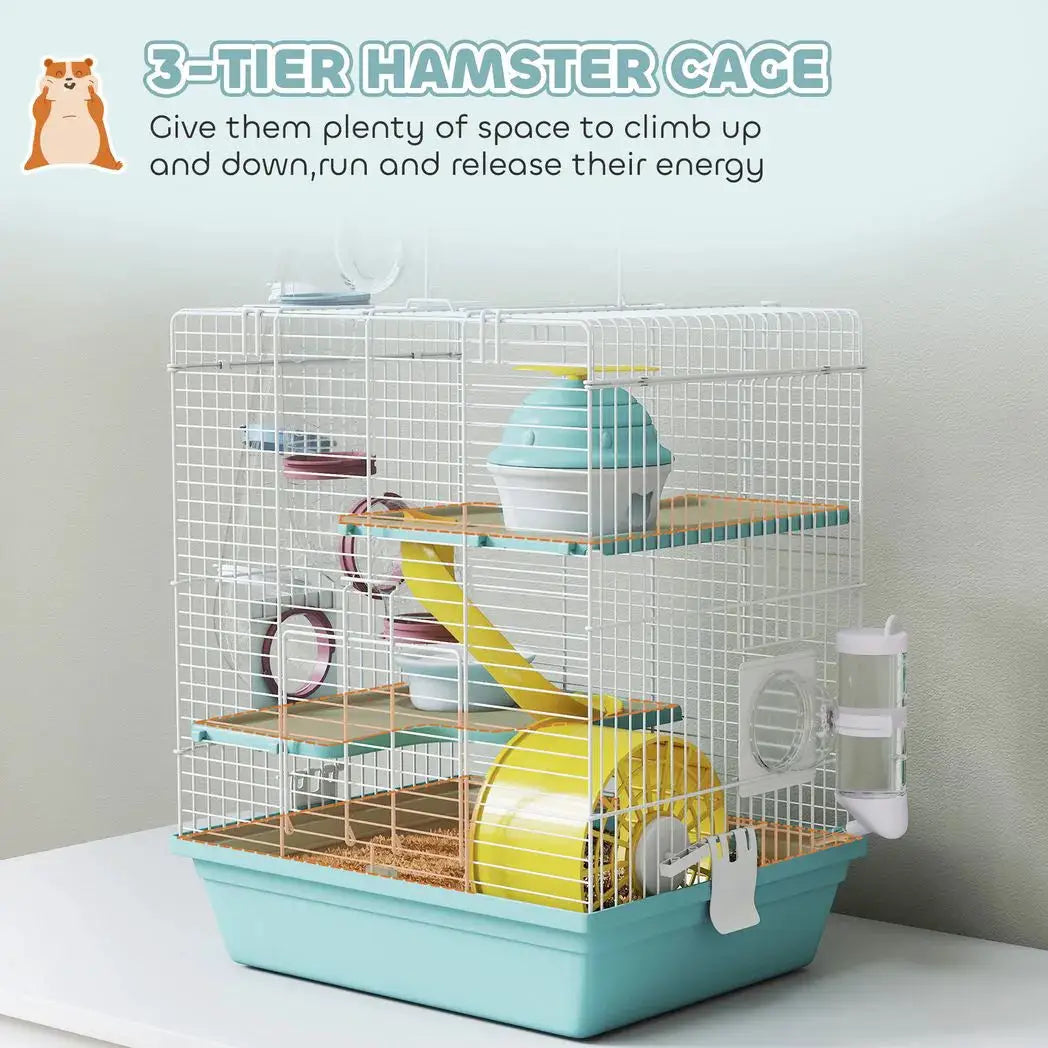 PawHut 3-Level Hamster Cage with Exercise Wheel, Water Bottle, Food Bowl, for Dwarf Hamsters, 34.5 x 27.5 x 41 cm, Blue - from PawHut