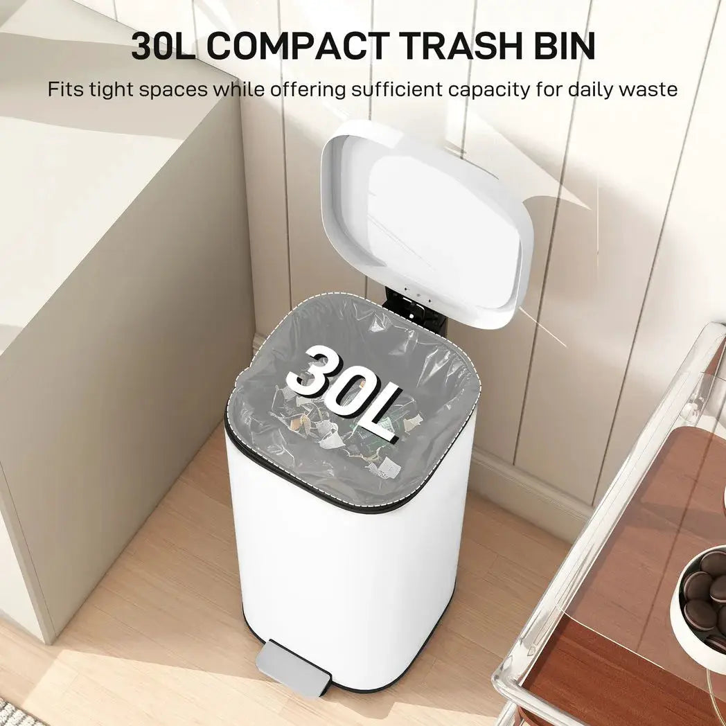 HOMCOM 30L Kitchen Bin, Compact Pedal Bin with Soft-Close and Stay-Open Lid, Removable Bucket for Kitchen, Home, Office, White - from HOMCOM
