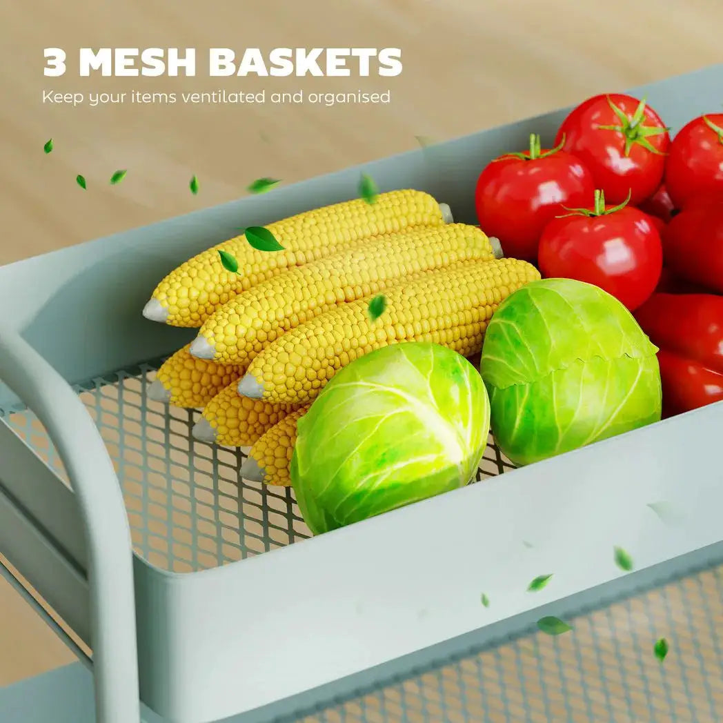 HOMCOM 3-Tier Storage Trolley on Wheels, Rolling Utility Cart with Mesh Backets for Kitchen, Bathroom, Bedroom, Light Green - from HOMCOM