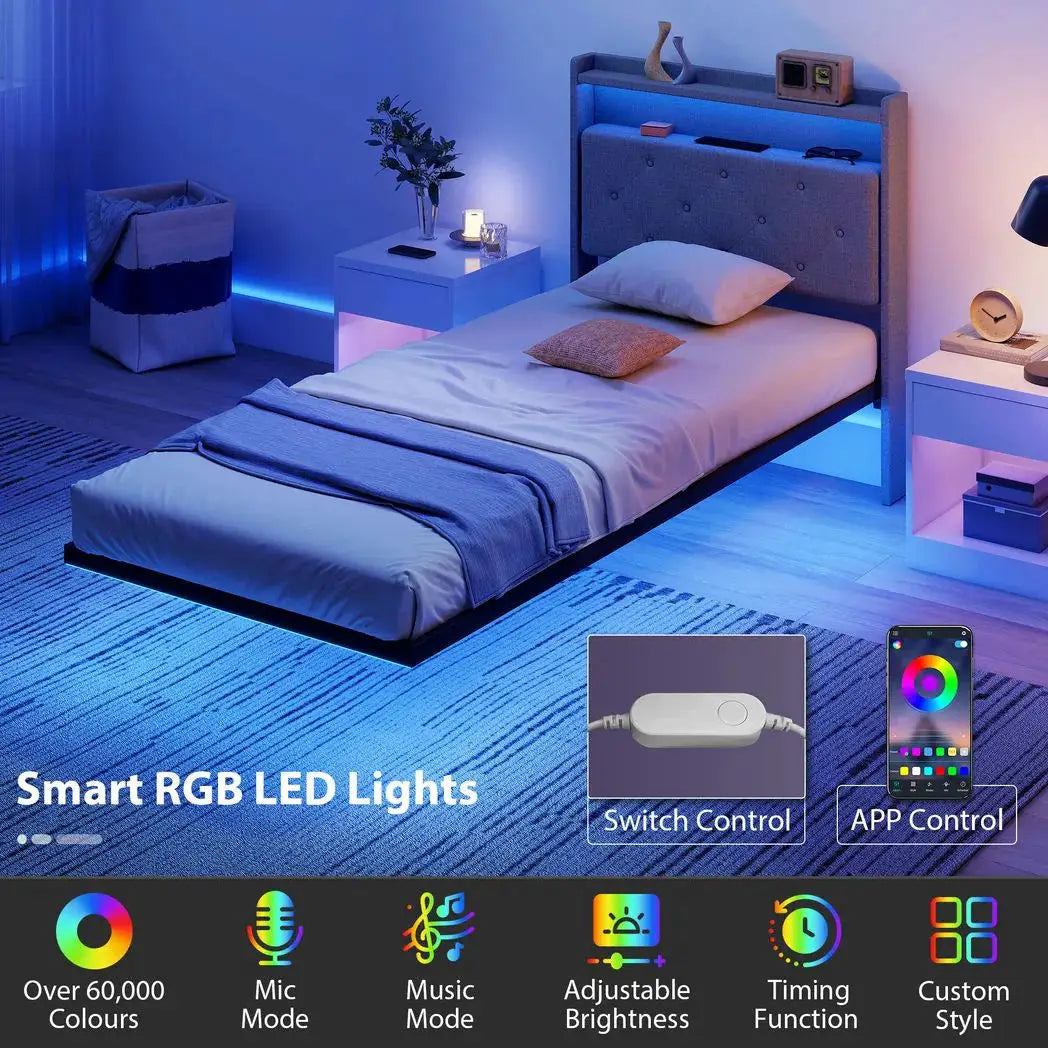 HOMCOM Floating Bed Frame, Upholstered 3ft Single Size Bed, Platform Bed with RGB LED Lights and Charging Station, Grey - from HOMCOM