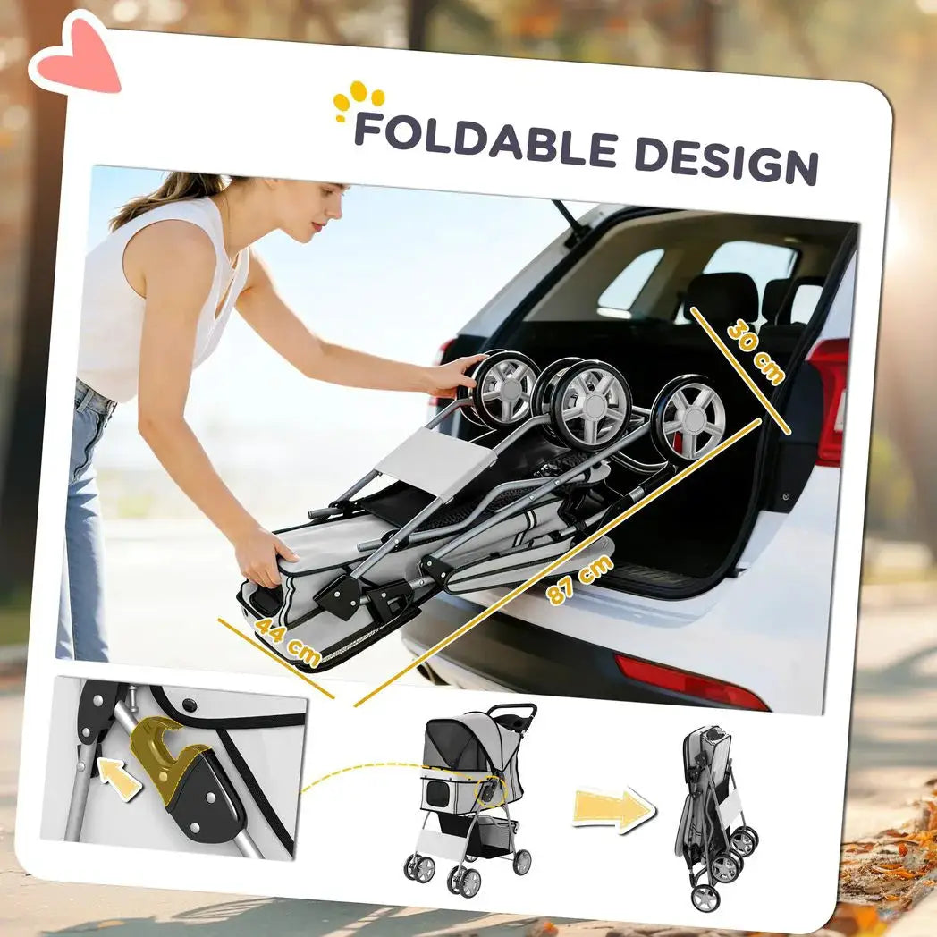 PawHut Dog Pram, Pet Stroller with Reflective Strips, Foldable Cat Stroller with 360° Swivel Wheels, Grey - from PawHut