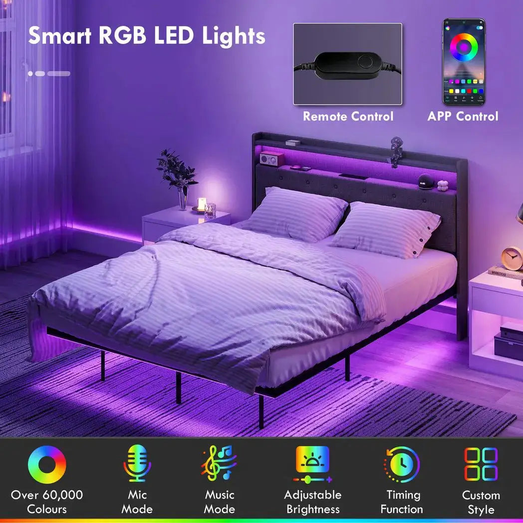 HOMCOM Floating Bed Frame, Upholstered 4ft6 Double Size Bed, Platform Bed with RGB LED Lights and Charging Station, Grey - from HOMCOM