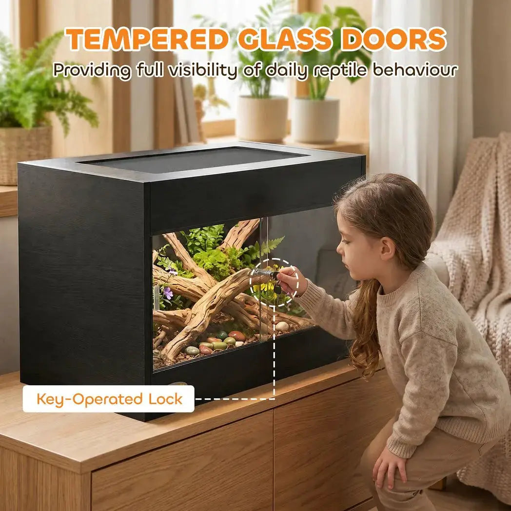 PawHut Reptile Terrarium, Reptile Vivarium with Glass Doors, Secure Lock, Top Ventilation for Snake, Gecko, 60x45x45cm, Black - from PawHut