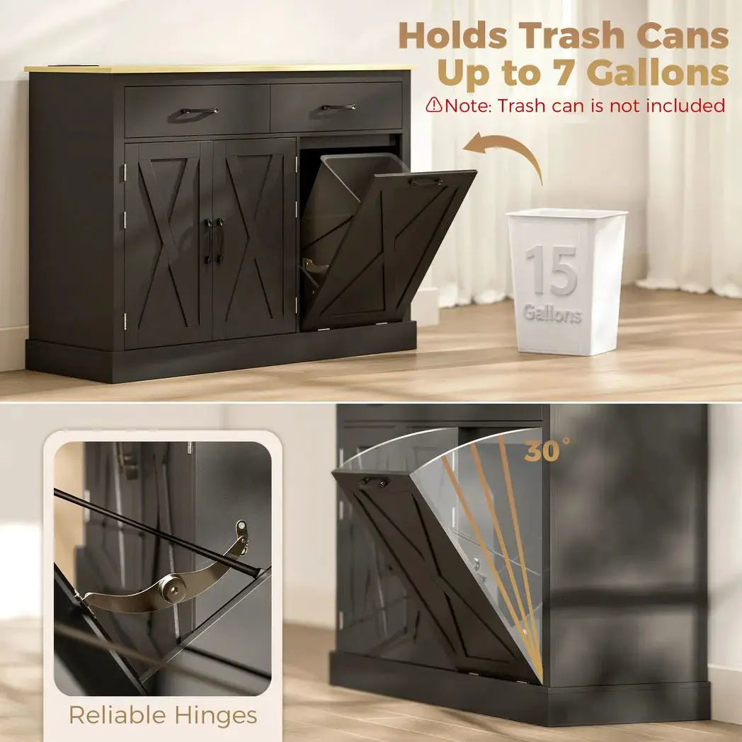 HOMCOM Tilt Out Trash Cabinet with Charging Station, Kitchen Island with Storage, 57 Liter Hidden Rubbish Bin Storage, Black - from HOMCOM