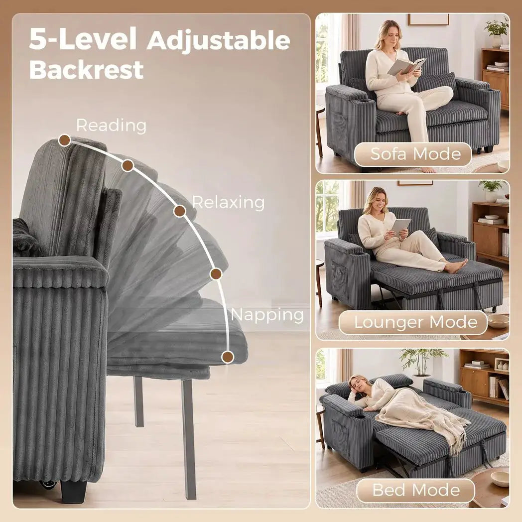 HOMCOM 2 Seater Sofa Bed, Pull Out Sleeper Sofa w/ Adjustable Backrest, Storage Armrests, Cup Holders, Side Pockets, Dark Grey - from HOMCOM