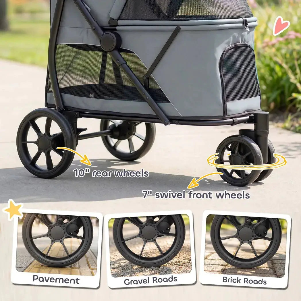 PawHut Dog Stroller, 3 Wheels Pet Stroller with Dual Entry, Easy One-Click Quick Fold, Mesh Windows, Washable Cushion - from PawHut