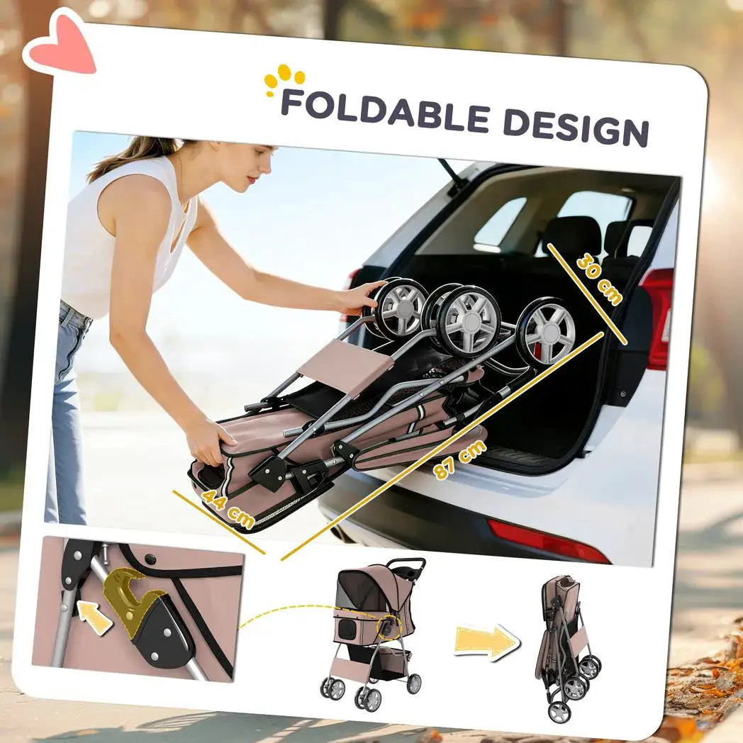 PawHut Dog Pram, Pet Stroller with Reflective Strips, Foldable Cat Stroller with 360° Swivel Wheels, Brown - from PawHut