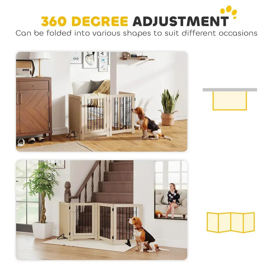 PawHut 4 Panel Freestanding Pet Gate, Indoor Dog Barrier with Lockable Door, Support Feet, 360° Flexible Hinges, Oak - from PawHut
