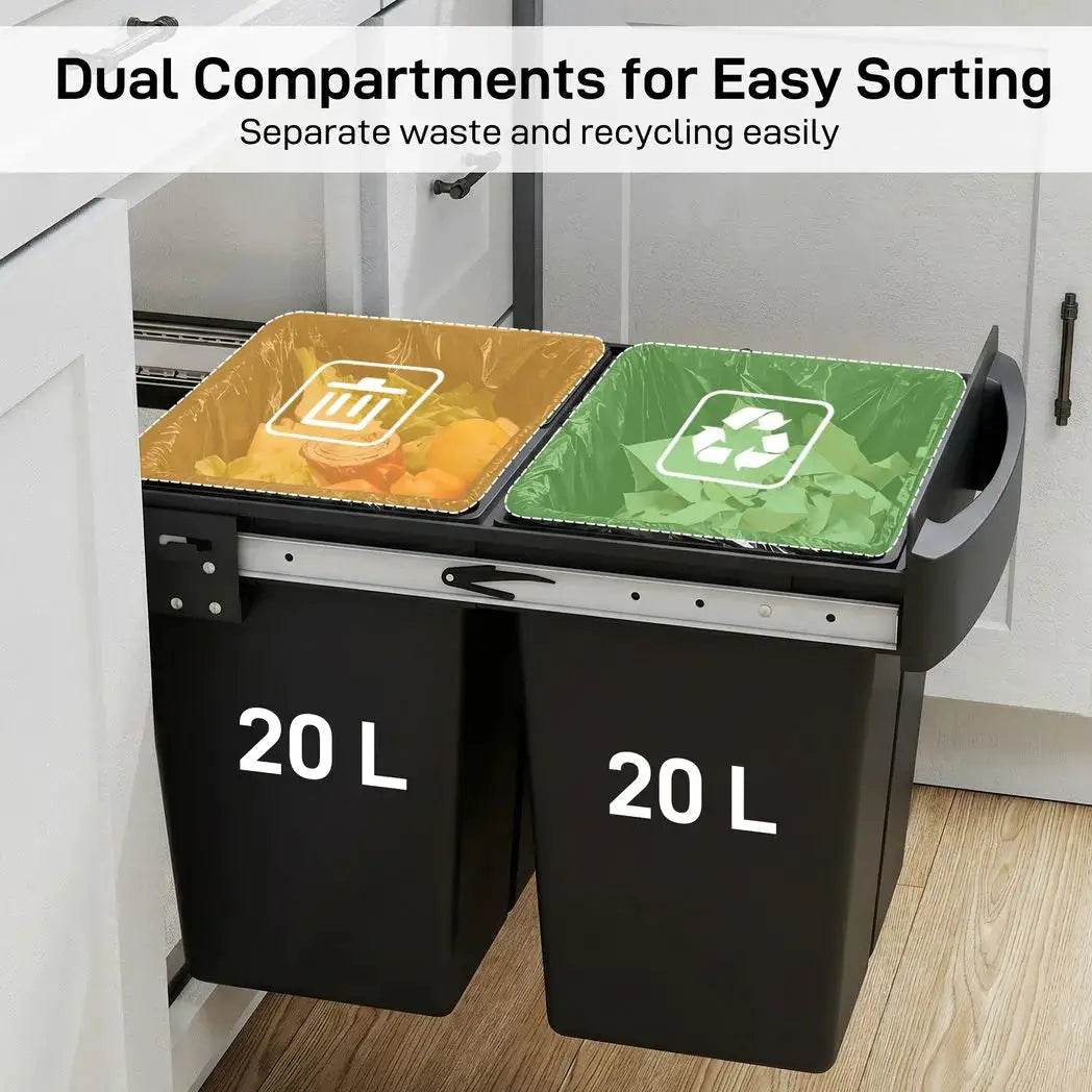HOMCOM Pull Out Bin, Kitchen Under Sink Bin with 2 Removable Compartments, Smooth Glide, Black - from HOMCOM