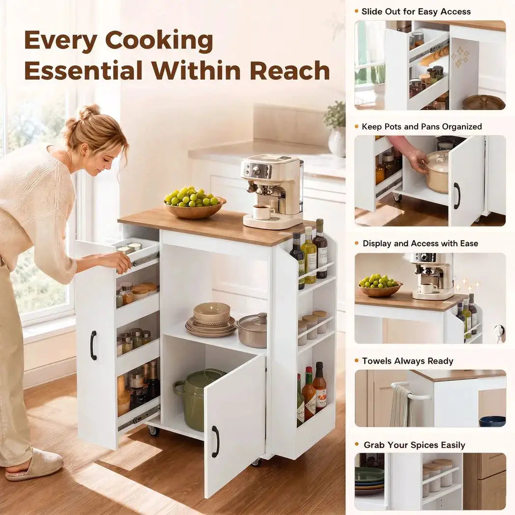 HOMCOM Kitchen Trolley on Wheels, Rolling Kitchen Island Cart with Power Outlet, Cabinet, Pull-Out Drawer, White - from HOMCOM
