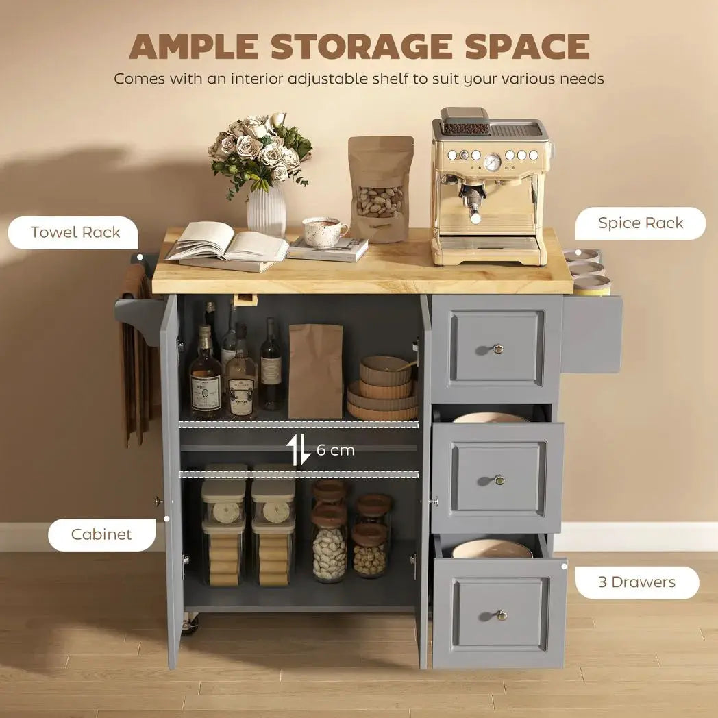 HOMCOM Kitchen Island on Wheels, Rolling Kitchen Storage Trolley with Drop Leaf, Drawers, Towel and Spice Rack, Grey - from HOMCOM