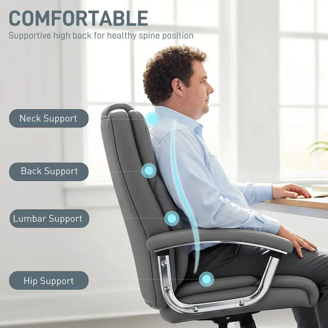 HOMCOM Big and Tall Office Chair 180kg with Spring Cushion, PU Leather - Grey - from HOMCOM