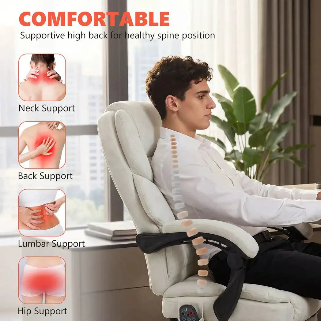 HOMCOM Office Chair with 6-point Vibration Massage and Heat, Fabric Desk Chair with Footrest, High Back, Cream White - from HOMCOM
